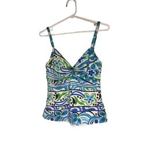 Miraclesuit Blue and Green Floral Design Tankini‎ Top Size 10
